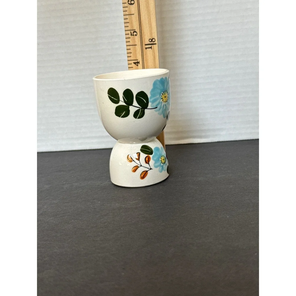 Vintage Japan Hand Painted Floral Ceramic Egg Cup Blue Burgundy Flowers